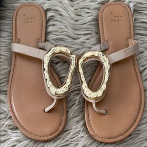 a new day beige sandals with gold-tone oval accents